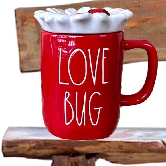 NWT Rae Dunn Gorgeous LOVE BUG Ladybug Red White Pink Mug with Lid Daisy Topper - Picture 1 of 12